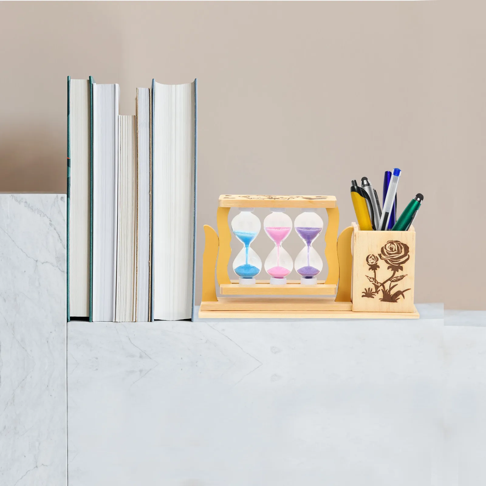 Double Heart Creative Pen Holder Wood Pencil Organizer Desktop Decoration Hourglass Adornment Graduation Birthday Gift