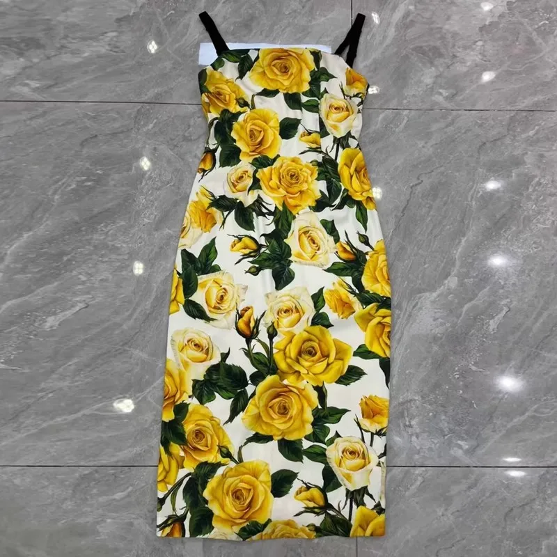 Summer Silk Pencil Dress Spaghetti Strap Yellow Floral Print Elegant Party Package Buttocks Dresses For Women 2024 Luxury Brand