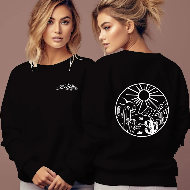 Vintage Cactus Mountain Sun Print Sweatshirts Women Western Cowboy Style Tracksuit Long Sleeve Streetwear Crew Neck Hoodies