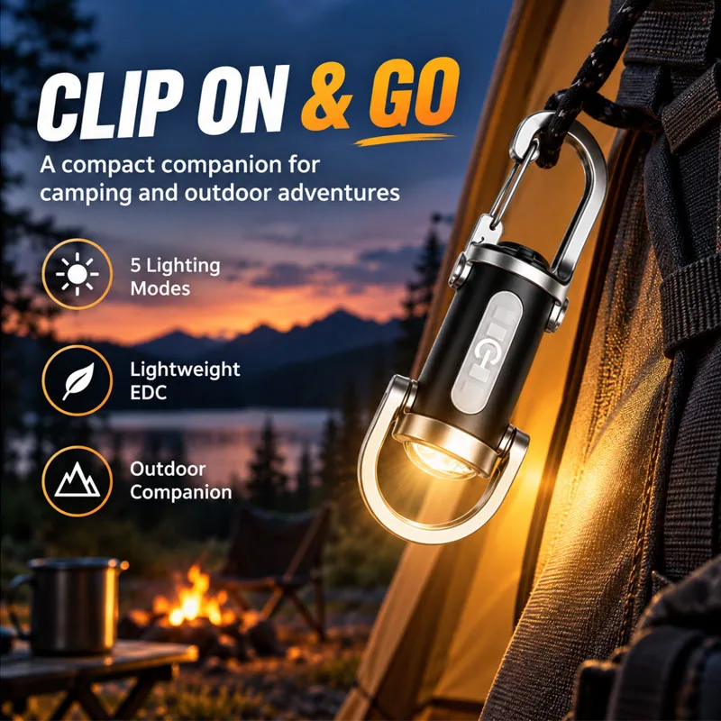 Rechargeable Keychain Flashlight Portable EDC Light with Dual Light Source 5 Gear Modes Red Blue Strobe Warning Lamp Carabiner