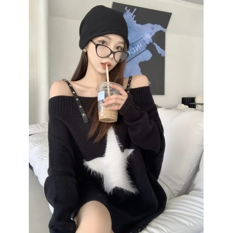 Girl Star Sweater Female Spring 2024 New Pullover Off The Shoulder Sweaters Sexy Punk Rivet  Black New in Outerwears Sweater