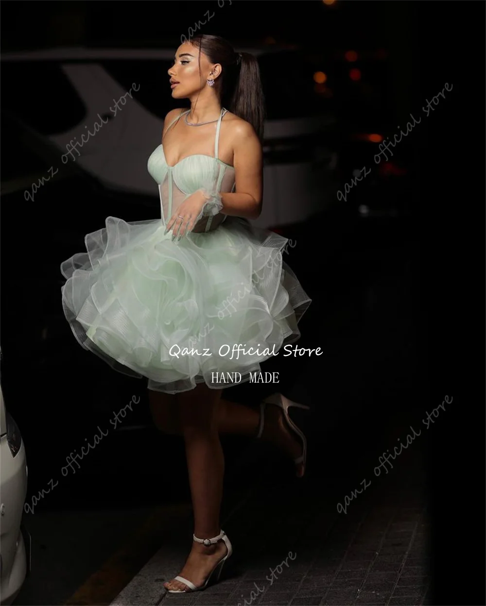 Qanz Abiti da compleanno verde salvia Donna Tulle Senza spalline Abiti da ballo per ragazze Abito corto Abiti da notte per feste Personalizzati