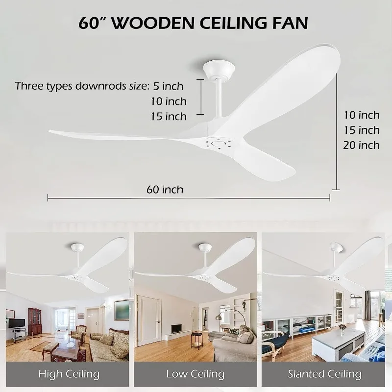 Solid Wood Ceiling Fans without Light, 60 Inch Real Wood Ceiling Fan with Remote Control and 3 blade