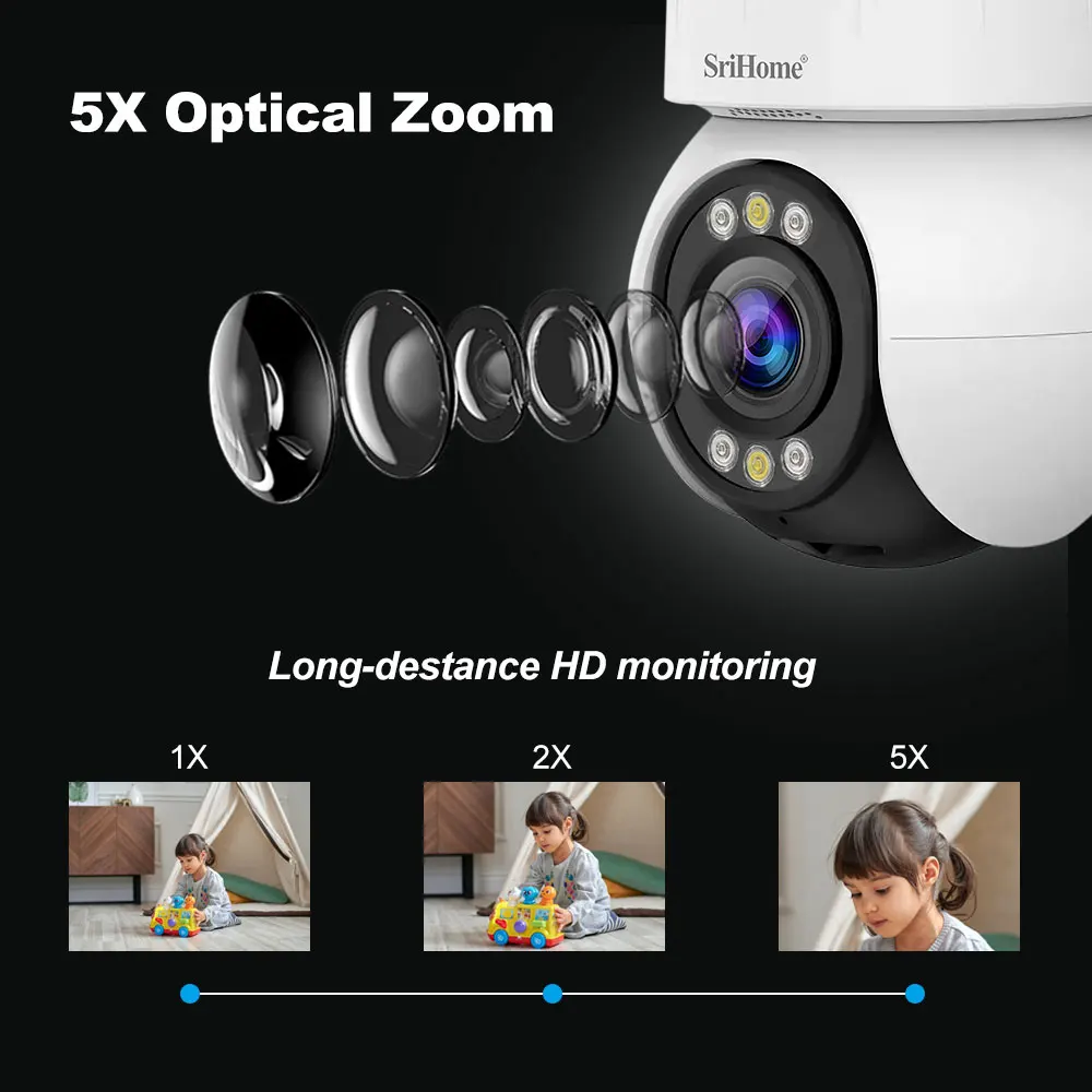 Srihome 4MP 5X optical zoom Indoor PTZ camera 2.4G/5G Wifi Waterproof AI Auto Tracking H.265 Video Surveillance PTZ camera