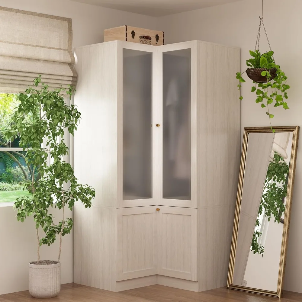 

Warm Gray L-shaped Armrest Wardrobe with Frosted Glass Doors,hangers,and Shelves,wooden Wardrobe and Storage Cabinet for Bedroom