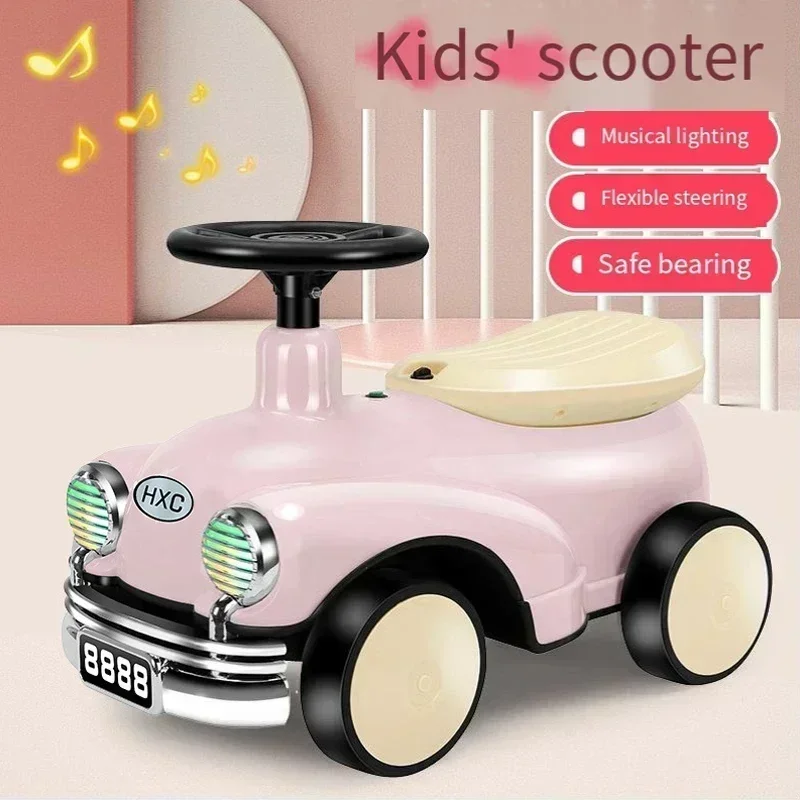 Mobil skuter bayi Retro anak-anak, mobil skuter bayi usia 1-6 tahun anak laki-laki dan perempuan Walker Light musik empat roda keseimbangan yo-yo mobil