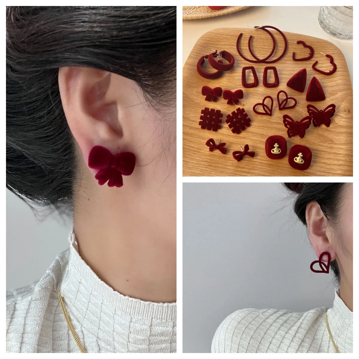 2023 Winter Vintage Fashion Simple Cute Wine Red Velvet Geometry Bowknot Stud Flocking Earrings for Women Daily Accessories