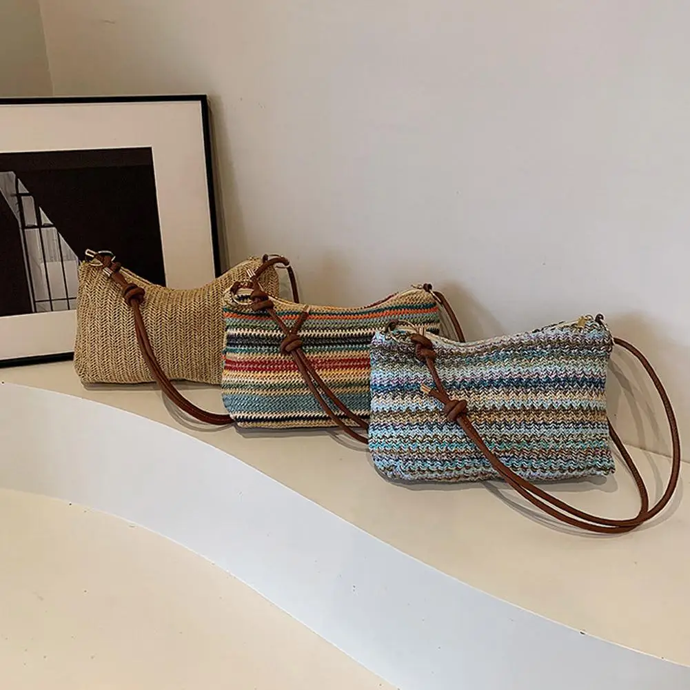 Tas Selempang Kecil Trendi Aksesori Siswa Modis Tas Jerami Bohemian Tas Selempang Pantai Tenun Tas Kurir Bahu