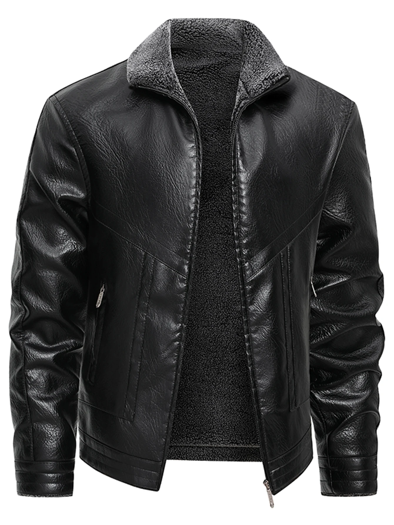 

Men'S Vintage Fleece-Lined Faux Leather Jacket - Warm, Comfortable, Versatile Zip-Up Coat with Chest Pockets, Regular Fit for Ou