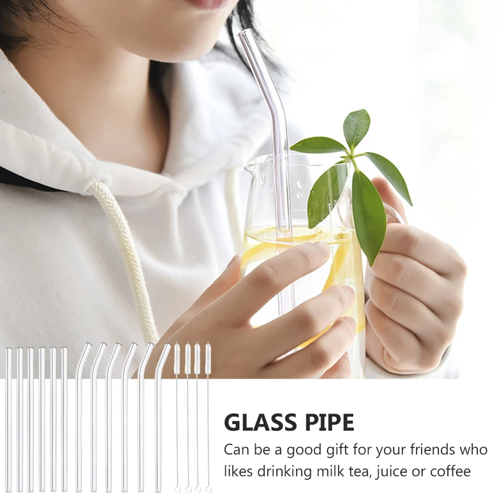 

12Pcs Glass Straw Set Clear Reusable Drinking Straws Bent Straight Design for Party Bar Cups Tea Juice Clear Glass Straws