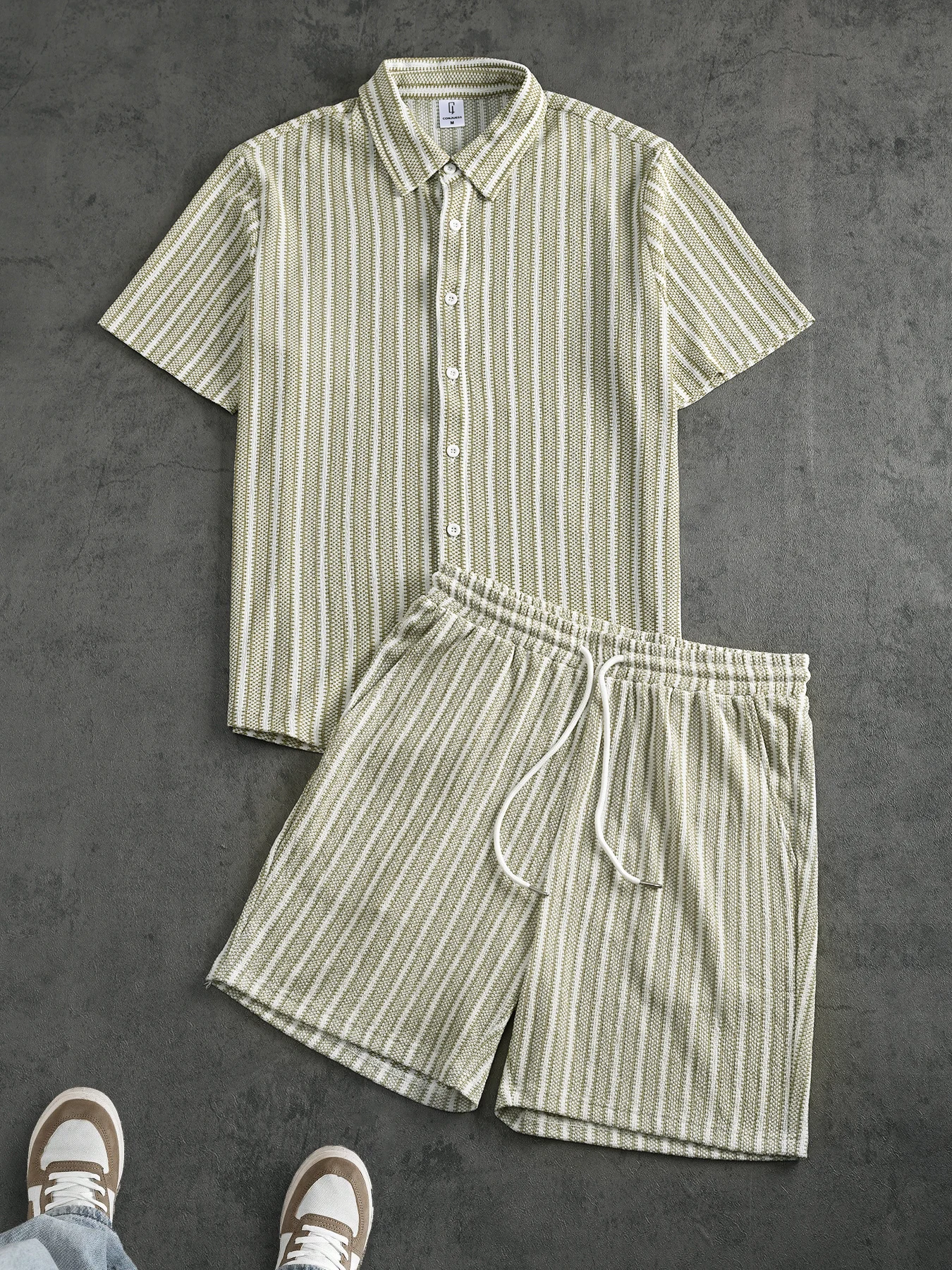 Men's 2 Piece Set Summer Outfits Man Clothes Striped Short Sleeve Shirt And Shorts Matching Casual Outfit Set - view 2