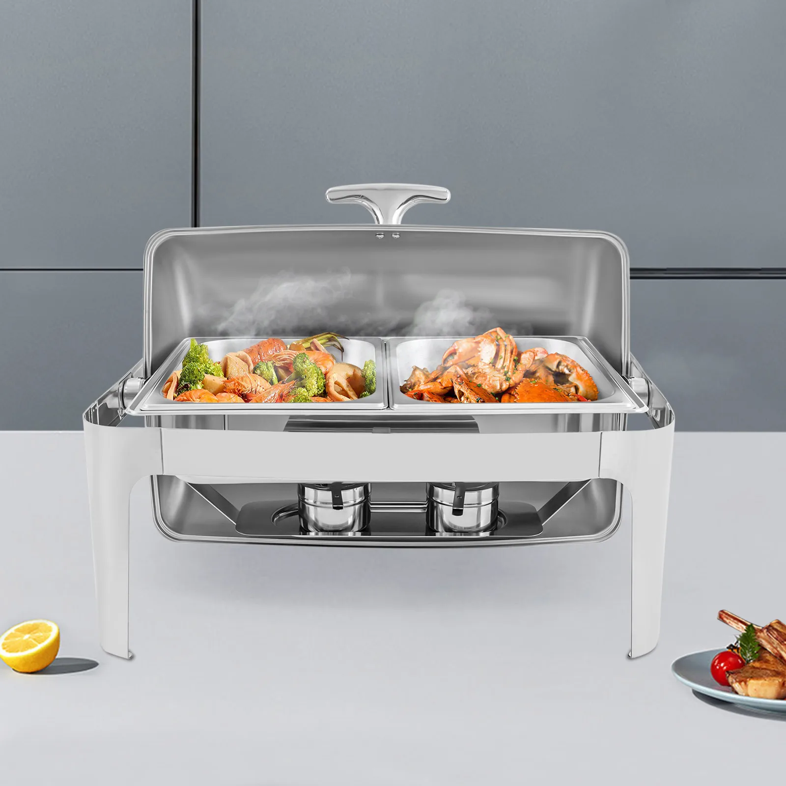 Catering Buffet Chafing Dish Set, Stainless Steel Double Grid Roll‑Top Food Warmer for Banquet Event ﻿