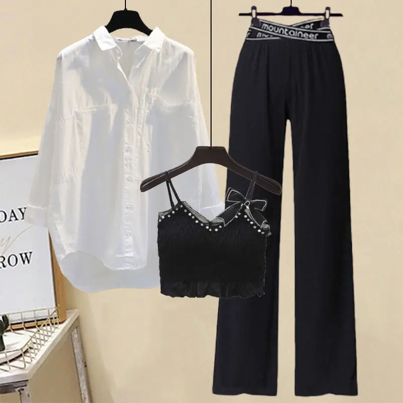 Spring and Summer Women\'s Suit 2022 New Style Waist Closing Slim Age Reducing Suspender Shirt Wide Leg Pants Three Piece Set