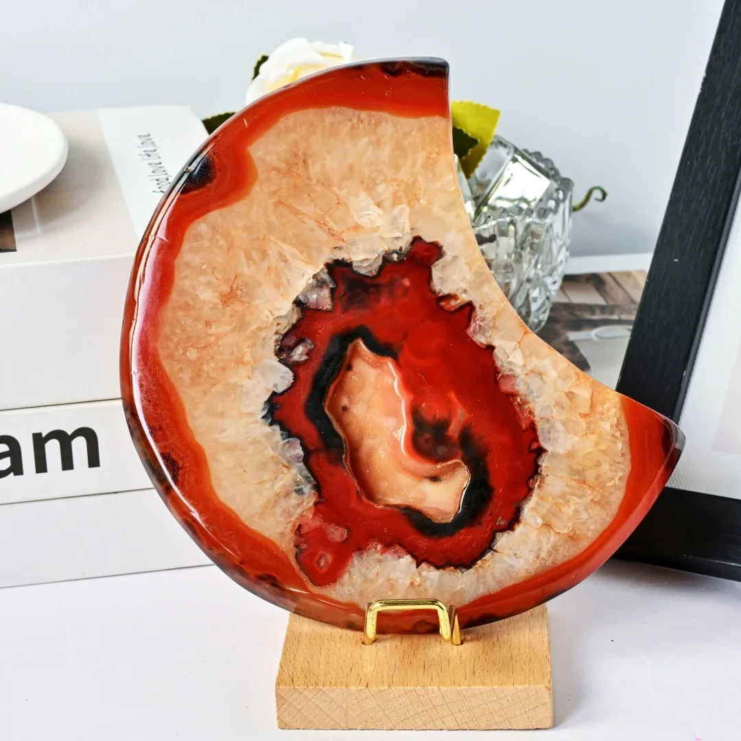 1pc Red Agate Geode Moon Shape Crystal Carving Pieces,  Home Decoration Stones, the Best Gift Choice, Garden decoration