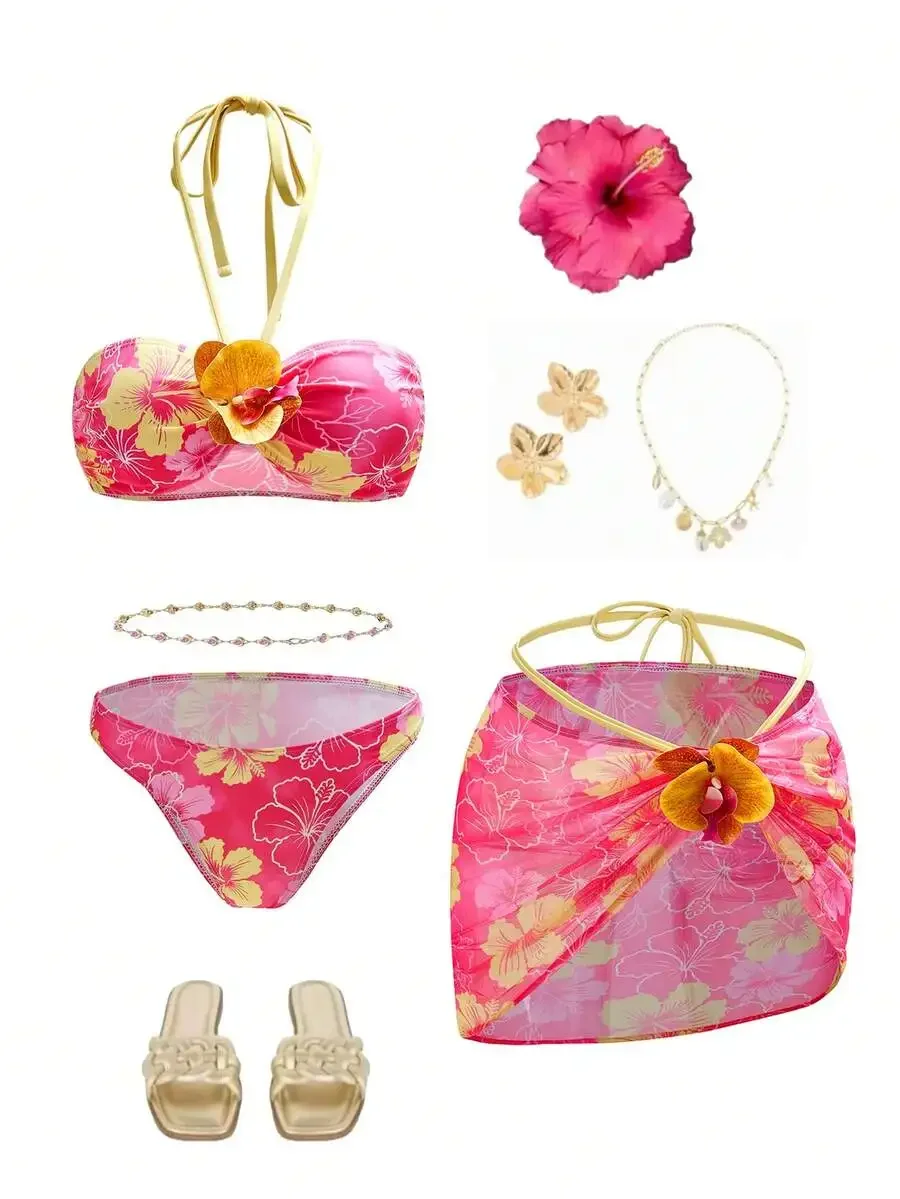 

Women 3-Piece Beach Set: Floral Halter Top, Tie-Waist Skirt, And Swimsuit Bottom