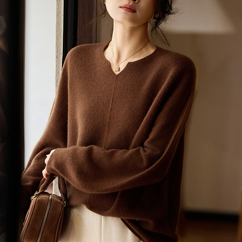 2025 Spring New Cashmere Sweater Women's V-neck Loose Fashion Long Sleeve Pullover 100% Pure Wool Knitted Solid Color Sweater