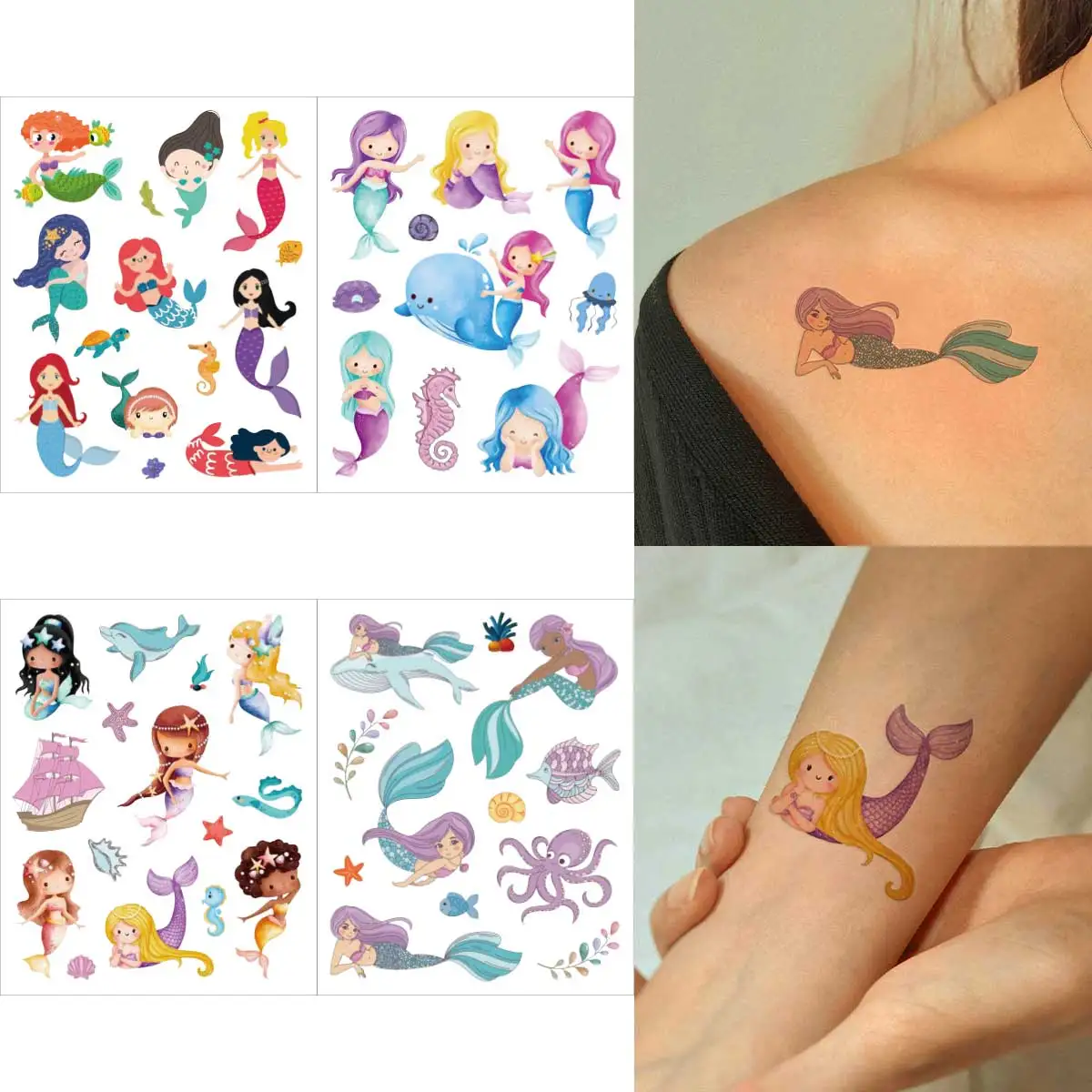 

4pcs Cute Colorful Mermaid Series Fake Tattoo Stickers for Girls Cartoon Animal Temporary Tattoos Kids Arms DIY Body Art