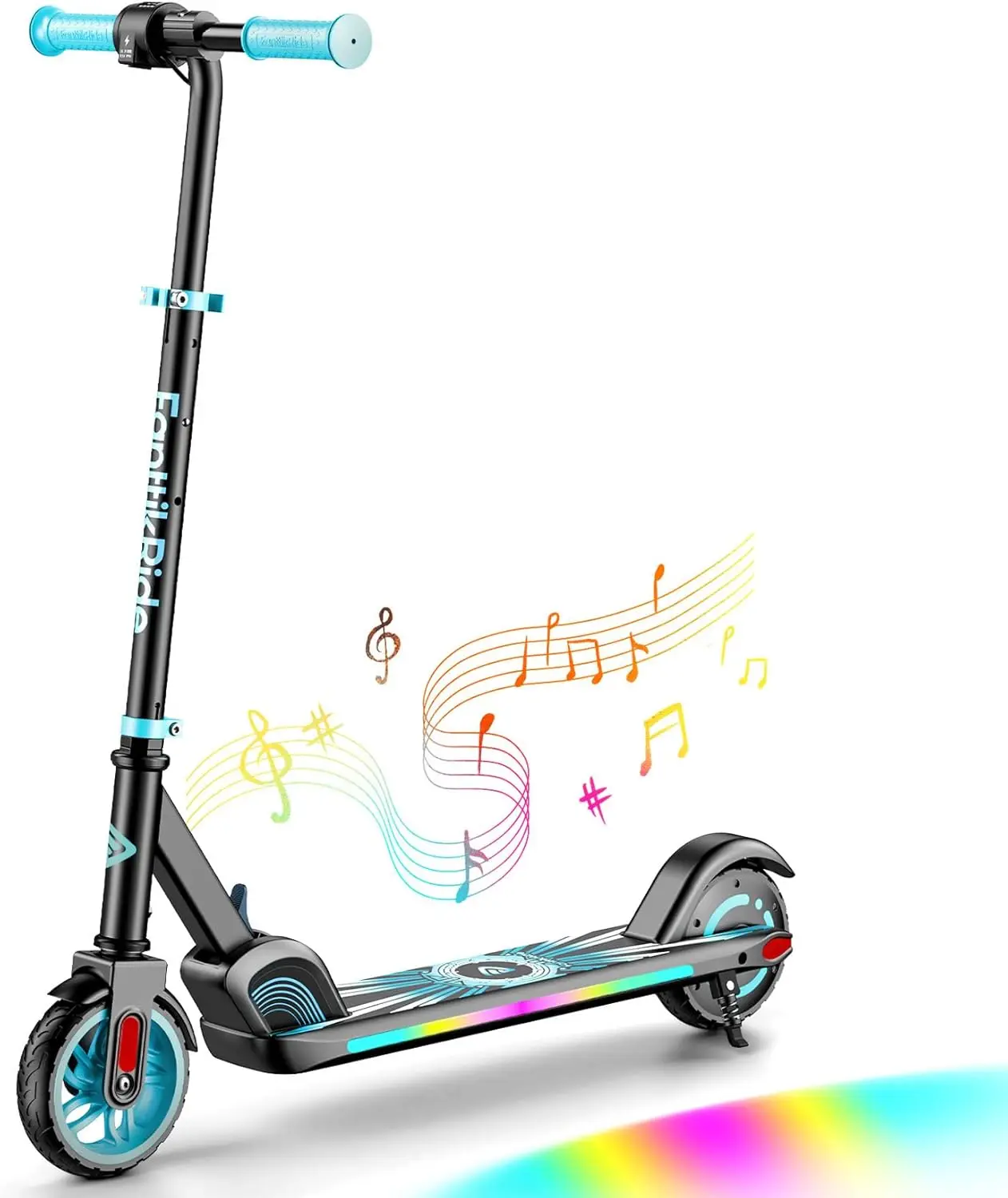 Electric Scooter for Kids 3.9ft - 5.2ft, Bluetooth Music Speaker, Colorful Rainbow Lights, 5/8/10MPH, 5 Mile