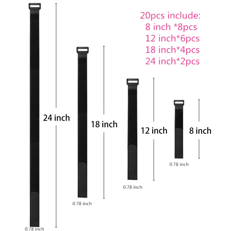 20pcs Reusable Fastening Cable Straps and Cable Ties Adjustable Multipurpose Hook and Loop Securing Straps for Cord Management