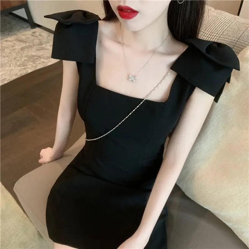 

Sleeveless French Bow Suspender Black Dress 2025 Summer Waist-hugging Goddess Temperament Small Dress Skirt for Women