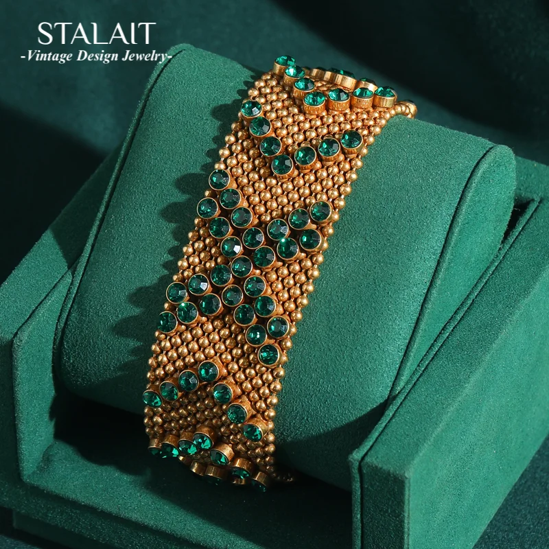 

Vintage Green Rhinestone Bracelet 18k Gold Plated Beads Wide Watches Luxury Dubai Jewelry Designers Christmas Accessories 2025