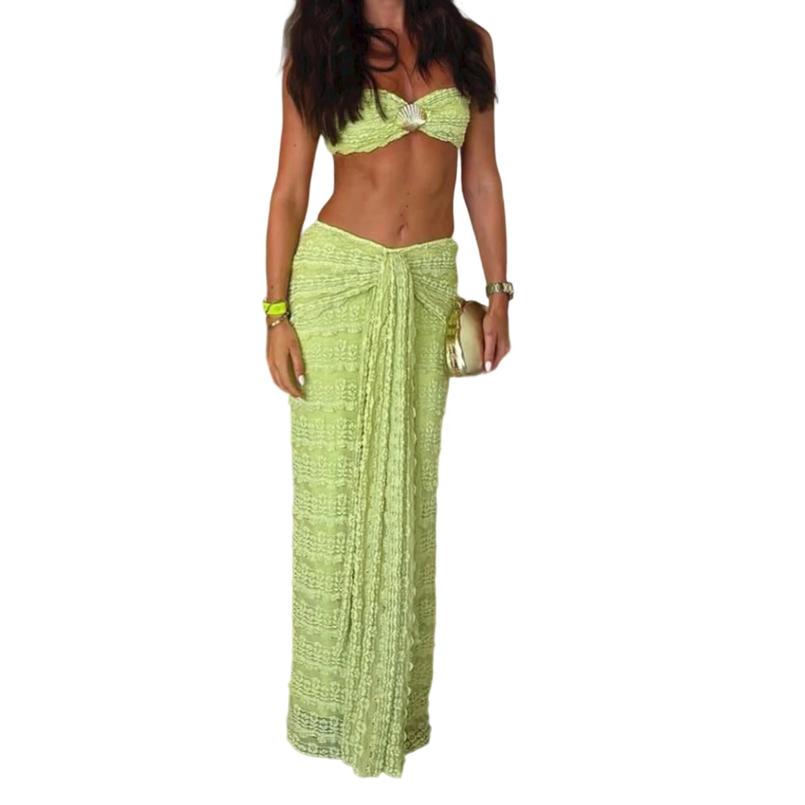 Tenues coquettes pour femmes, été, coquillages, bandeau sans bretelles, crop top + jupe longue à nouer devant, ensemble sexy 2 pièces, vêtements de plage pour soirée en club