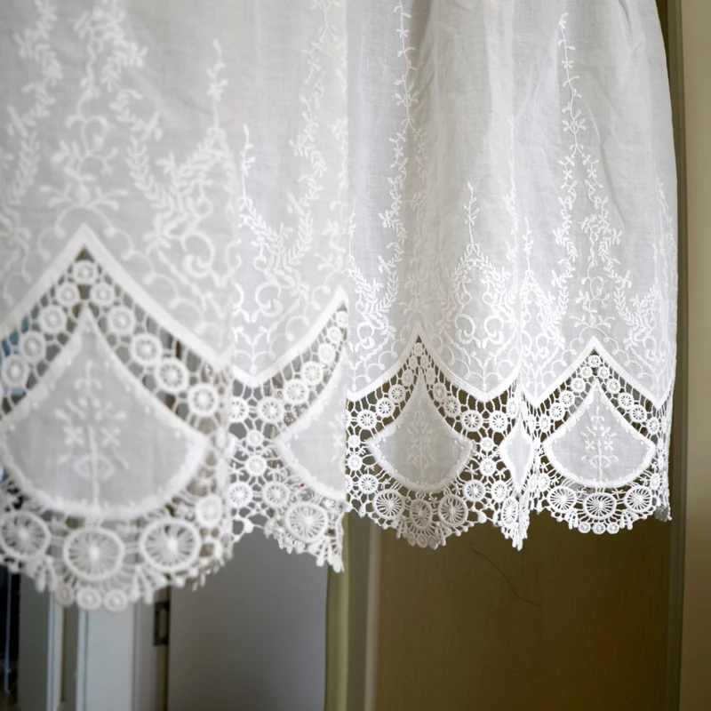 Cotton Short Curtain For Kitchen Bathroom Bookcase Mould Proof Embroidery Solid White Lotus Leaf Lace Cortinas Tap Top