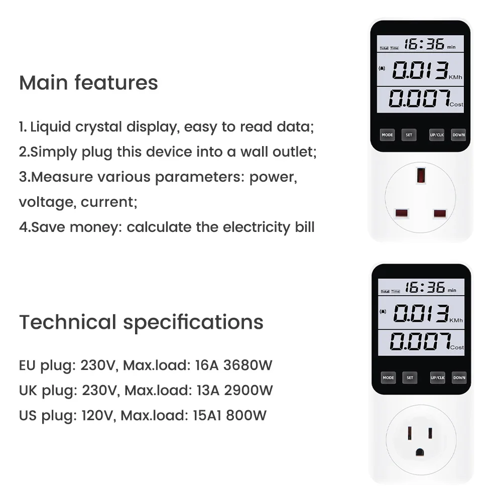 Cyfrowy miernik energii miernik mocy Analizator gniazda woltomierz AC Monitor zużycia amperomierz Kwh US/EU/UK Wtyczka