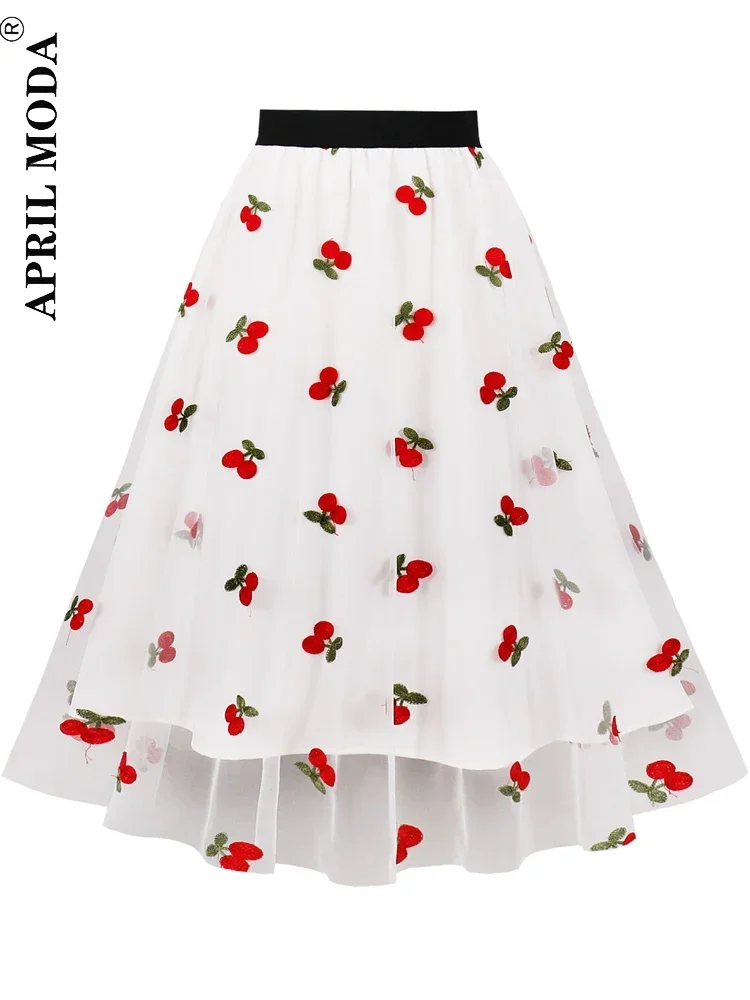 

2024 New Christmas Holiday Mesh Tulle White Casual Skirt Elastic Waist Cherry Embroidery Sweet A Line Tutu Party Runway Skirts