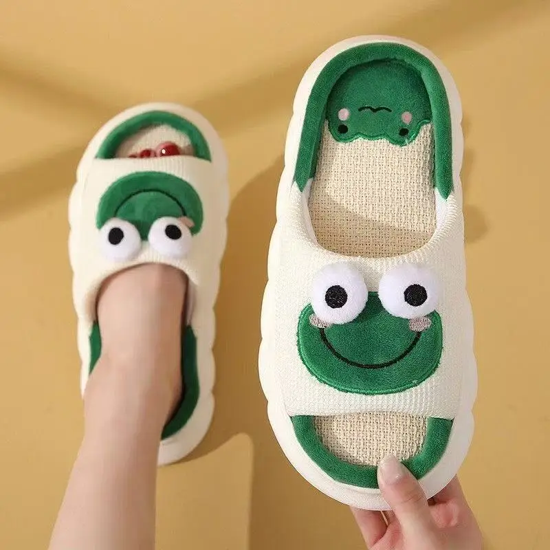 New Women Linen Slippers Spring/Summer Home Couple Anti Slip Men Shoes Thick Bottom Cartoon Frog Slippers