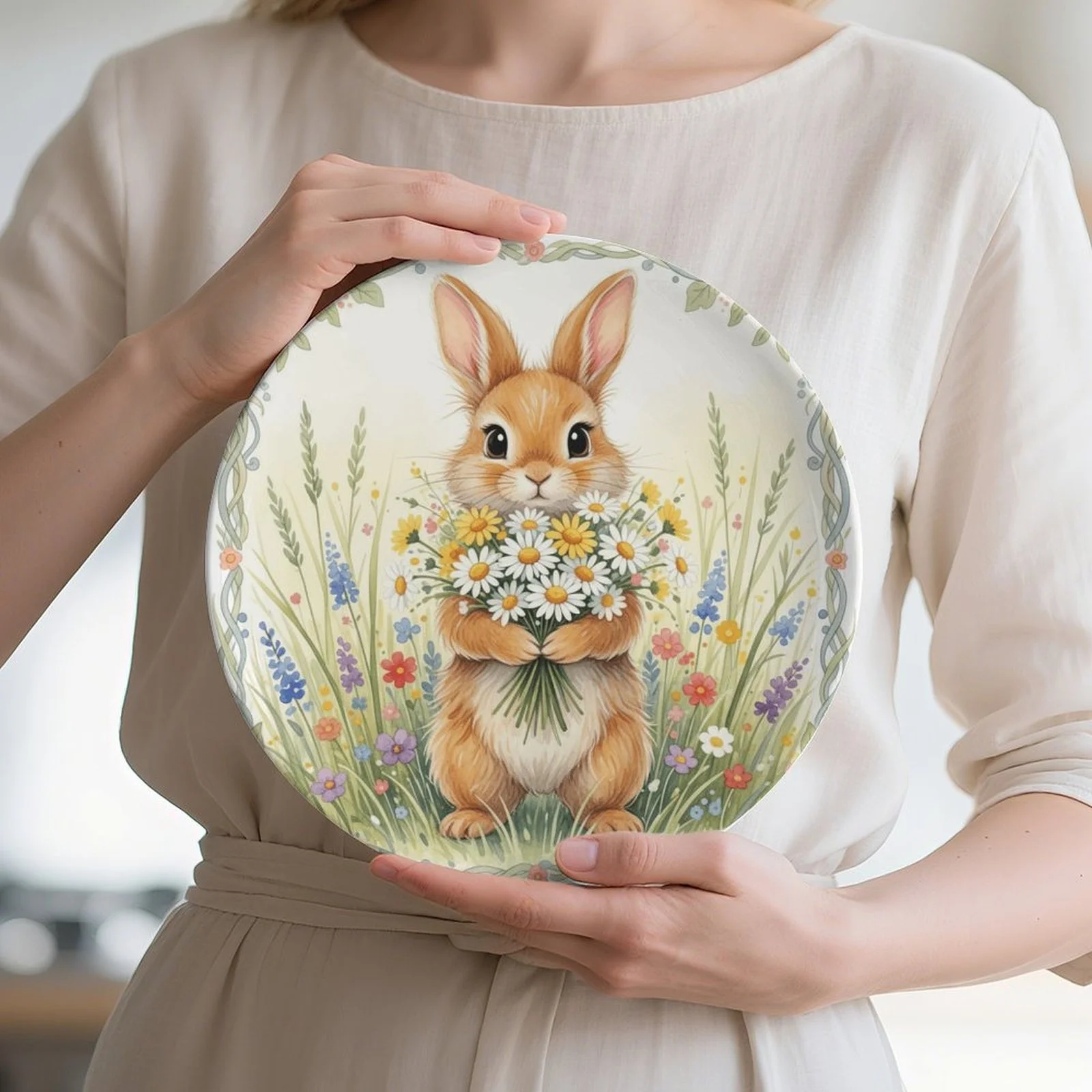 Spring Bunny with Daisy Bouquet Ceramic Decor Plate - Hanging Wall Art， Suitable for home, living room, office, and study