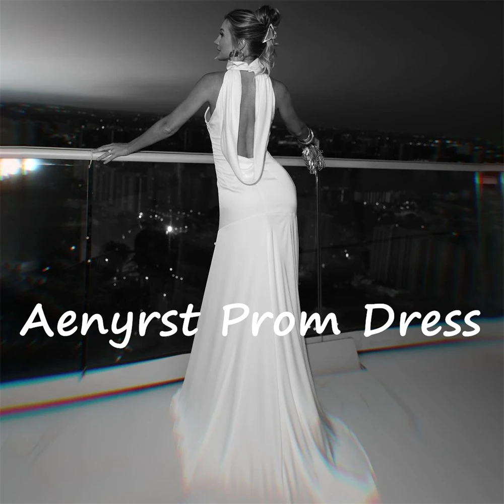 Aenyrst Simple Halter Mermaid Saudi Arabia Prom Dresses Crepe Bodycon Backless Evening Gowns Floor Length Formal Occasion Dress