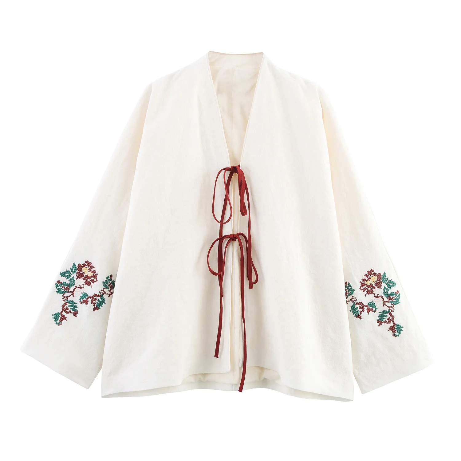 

New Fashion Casual Long Sleeve V-neck Embroidery Floral Loose Fit Lace-up Coat For Women