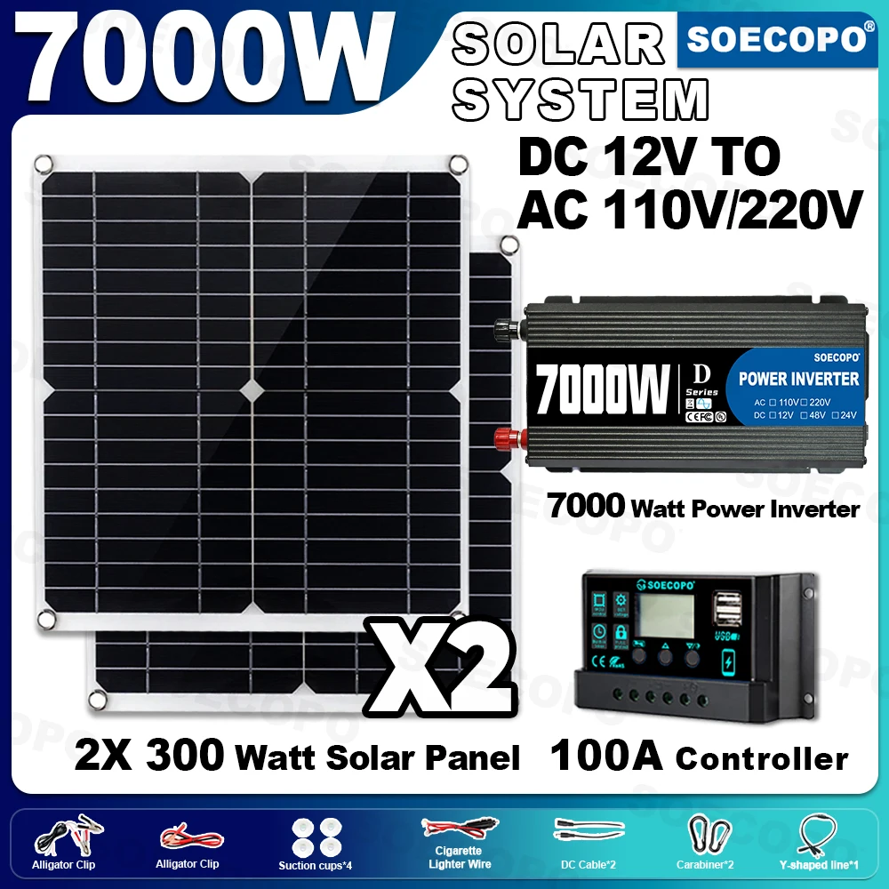 SOECOPO 7000W Peak Solar Power System Set 12V To 110V/220V Inverter 2*200W Photovoltaic Panels 100A Controller for Camping Home