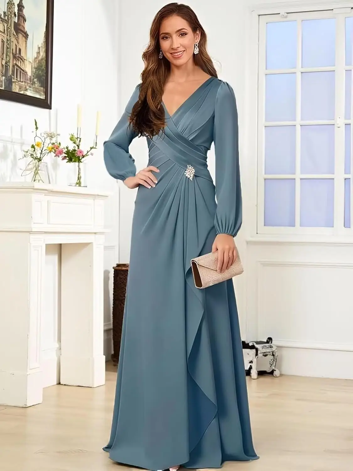 فستان نسائي من الساتان لأم العروس بأكمام طويلة ورقبة على شكل حرف V فستان رسمي #1