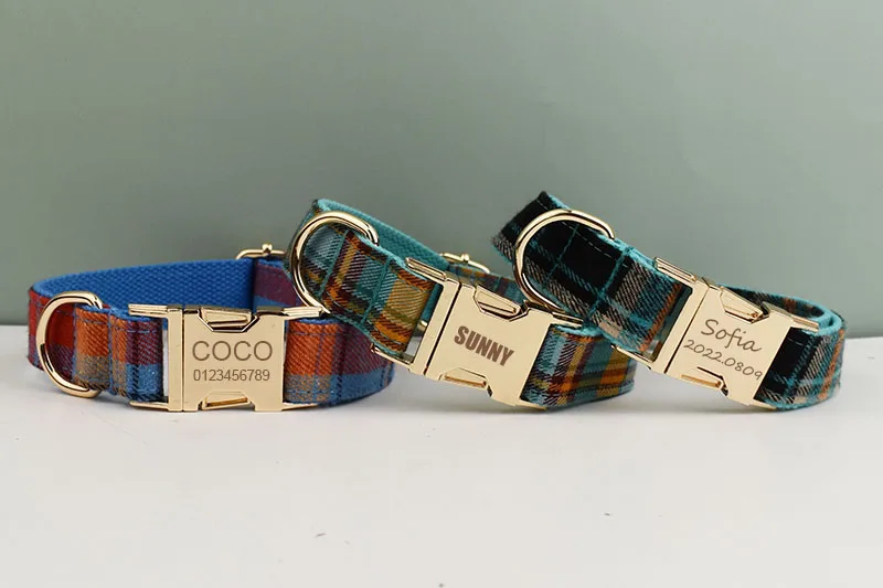 Kariertes Hundehalsband Designer mit Fliege Maßgefertigtes Hundezubehör Luxus-Haustierhalsband und Leinenset – Detail 2