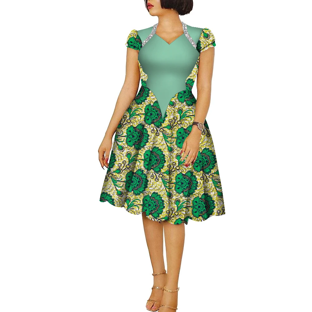 African Dresses for Women Ankara Fashion Patchwork Knee Length Pleated Lady Dresses Vintage Maxi Women V-neck Dress WY9273