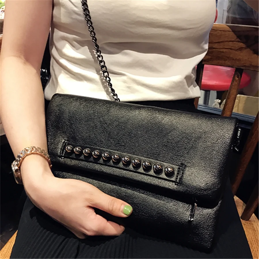 Folding design women Clutch Fashion rivets PU Leather Ladies Crossbody Bag chain Female Shoulder bag Clutches black wallet