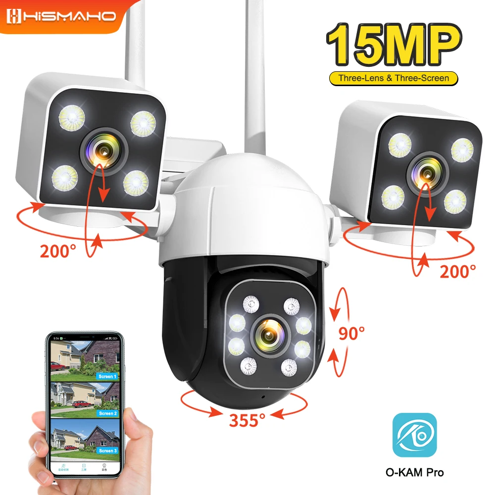 8K 15MP IP Camera Three Lens Outdoor Auto Tracking Zoom PTZ Monitor Three Screens Security Protection CCTV Video Surveillance