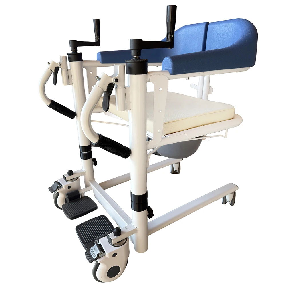 Lève-personne manuel hydraulique bleu foncé avec commode pour transfert de patients, idéal pour les soins à domicile et en milieu hospitalier des personnes âgées