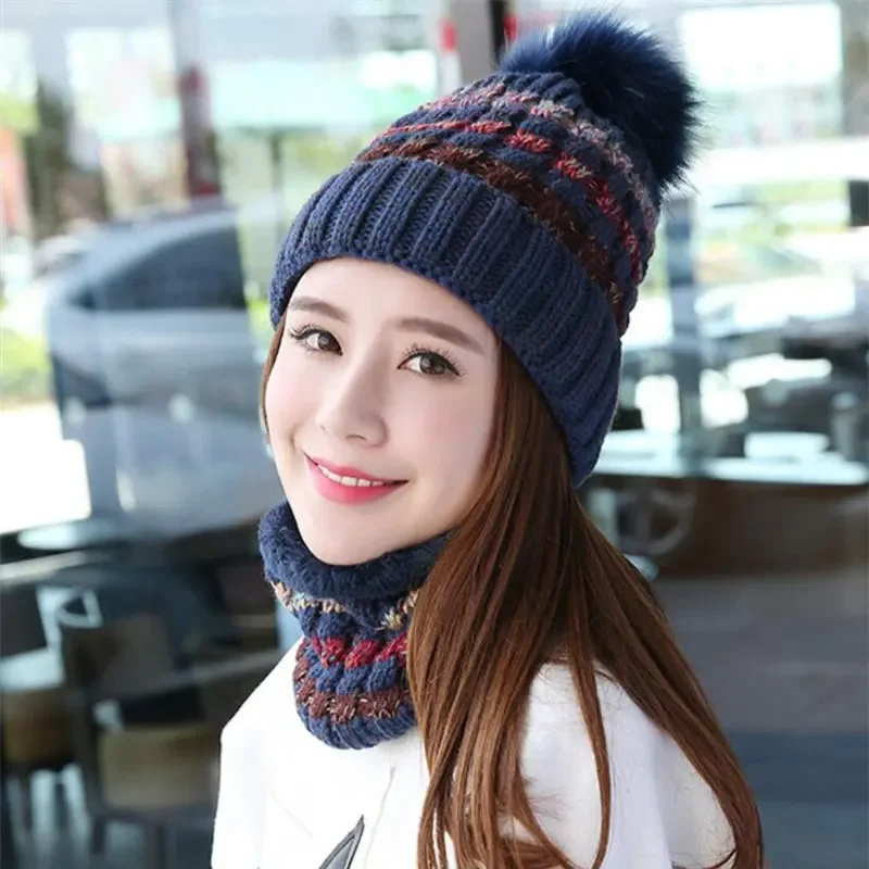 Mulheres inverno malha gorros chapéu cachecol conjunto para mulher meninas quente chapéu de pelúcia e anel cachecol feminino criança moda pom pom