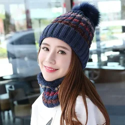 Women Winter Knitted Beanies Hat Scarf Set For Woman Girls Warm Plush Hat And Ring Scarf Female Child Fashion Pom Pom Cap Scarve