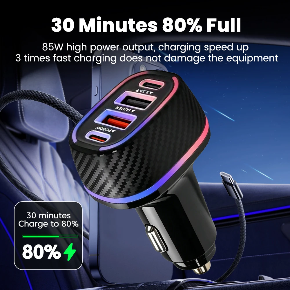 85W 2USB+2 Type C Fast Charge Car Charger QC 3.0 Super Charging Mobile Phone Charger for Iphone 17 16 Samsung POCO Realme