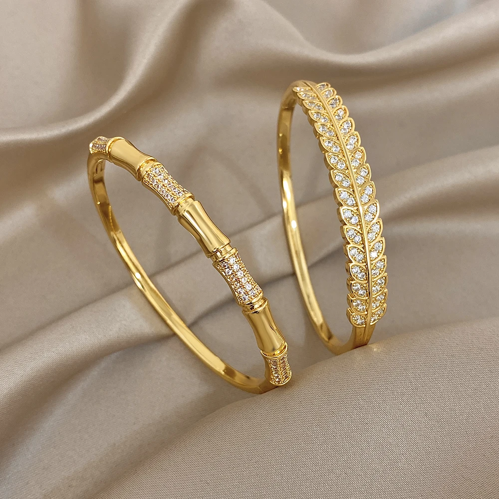 Fashion Popular Bamboo Joint Leaf Shape Copper Bangle for Women Gold Plated Metal Rhinestone Open Bracelet Waterproof Jewelry