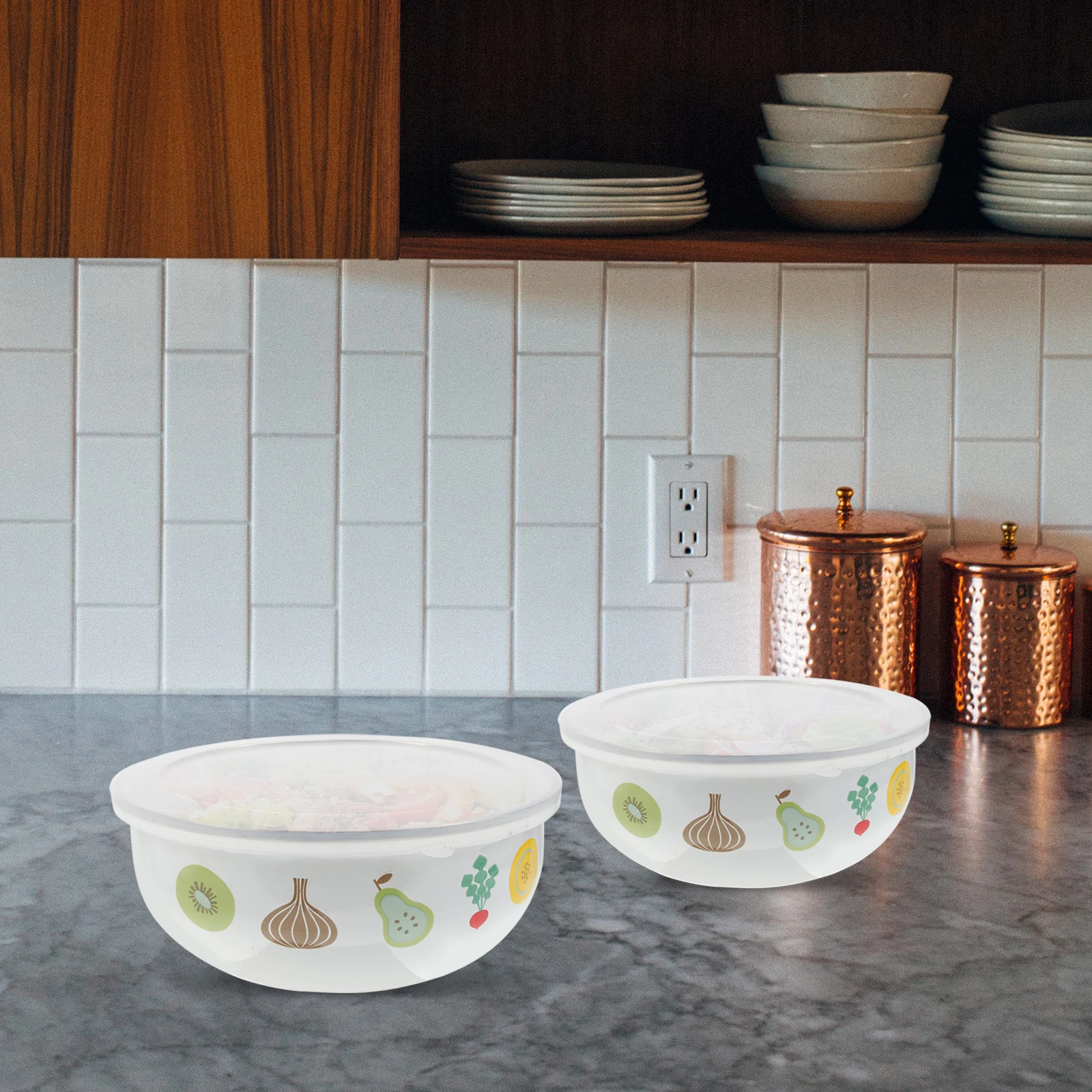 

1 set Enamel Preservation Bowls Lids Round Fruit Salad Kitchen Bowls Smooth Easy Clean Food Container Sets Home