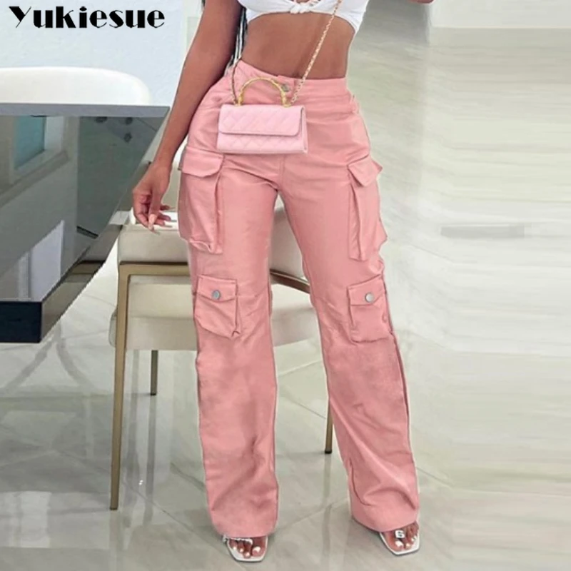 

Women Pocket Casual Hipster Hip Hop Straight-Leg Trousers Wild Streetwear Basic Slim Bottoms Weird Puss Faux Leather Cargo Pants