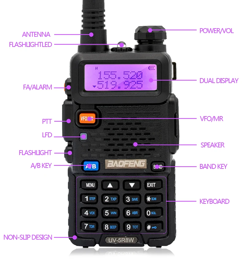 Baofengトランシーバーuv 5r 5w 8wデュアルバンドハム双方向ラジオvhf uhf fmラジオハンドヘルドトランシーバーハンティング16km