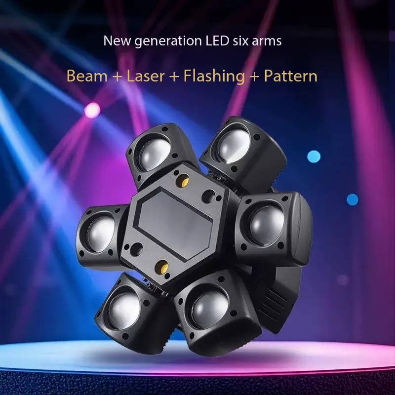 

80 Вт RGB светодиодный луч с подвижной головкой, мини-светильник с шестью рычагами, сценический вращающийся эффект, пульт дистанционного управления, DJ, дискотека, вечеринка, лампа