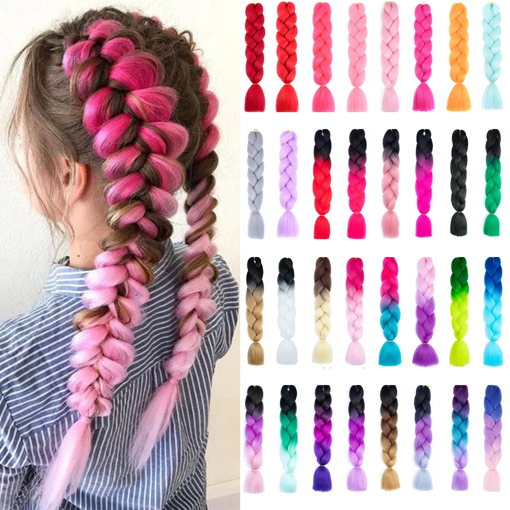 Jumbo Braid-Extensión de cabello sintético para mujer, 24 pulgadas, color rosa, Morado, amarillo y gris