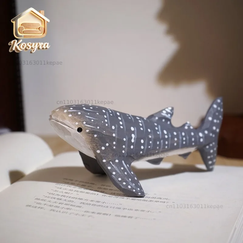 1 PC Gray Whale Shark Hand Carved Wood Statue Adorable Marine Creature Timber Crafted Patio Ornament Workspace Study Desk Decor